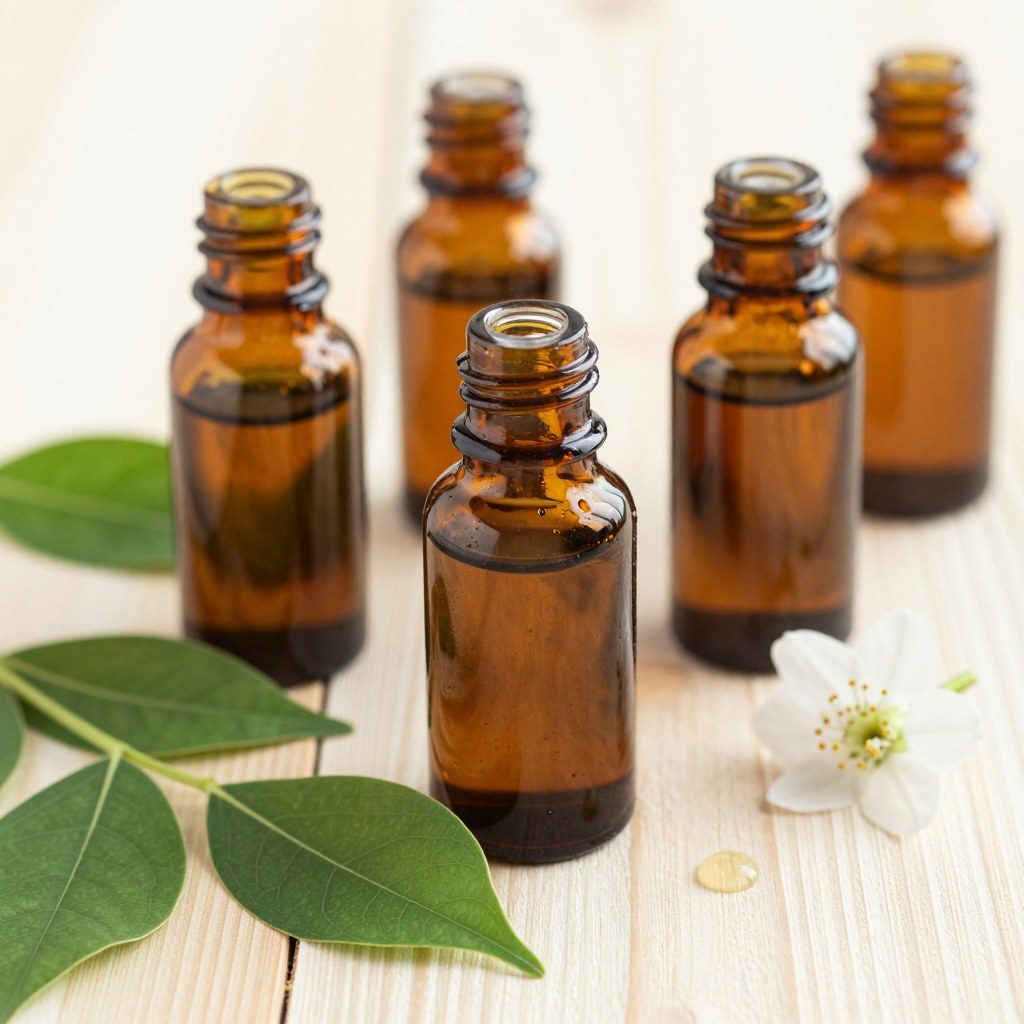 Huiles de massage naturelles posées sur une serviette en lin