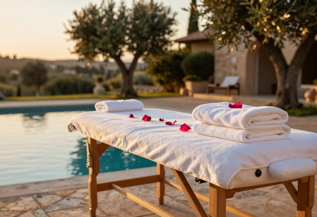 Table de massage dressée au bord d'une piscine de villa