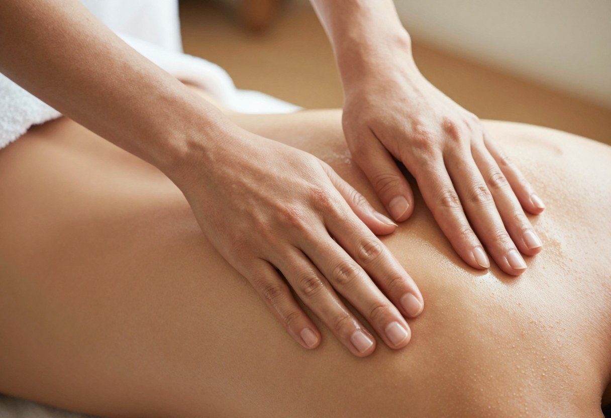 Mains de praticienne effectuant un massage du dos aux huiles