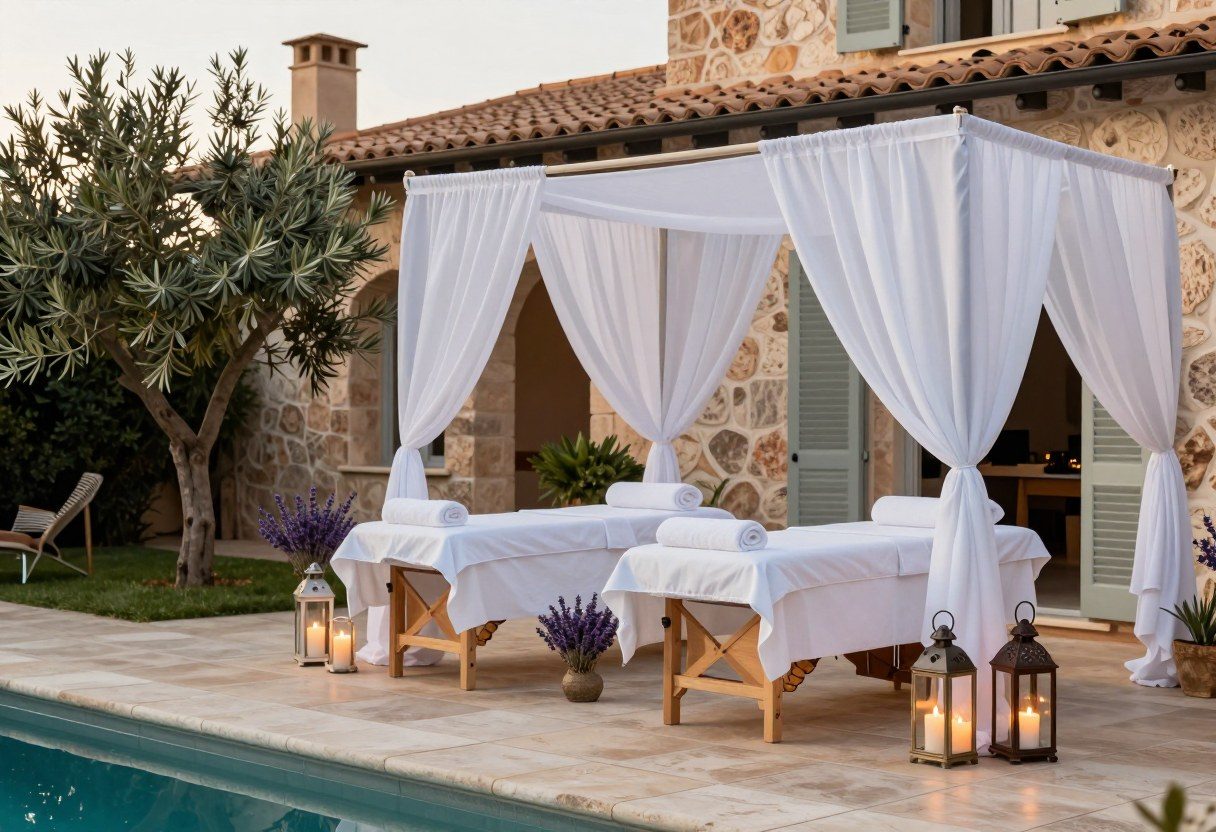 Espace massage à baldaquin blanc au bord de la piscine d'une villa au coucher de soleil