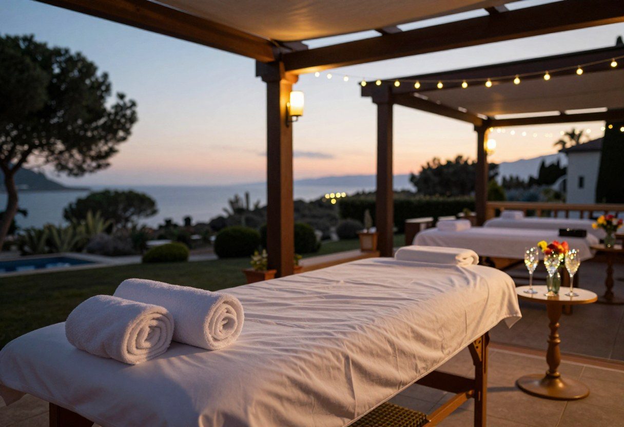 Table de massage face à la mer avec champagne, ambiance mariage de prestige