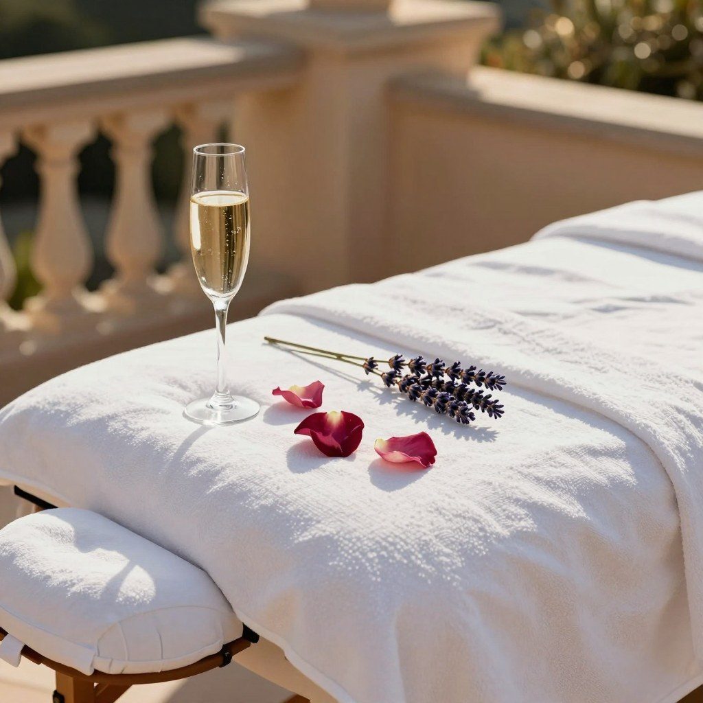 Détail serviette, champagne, lavande et pétales de rose — ambiance mariage