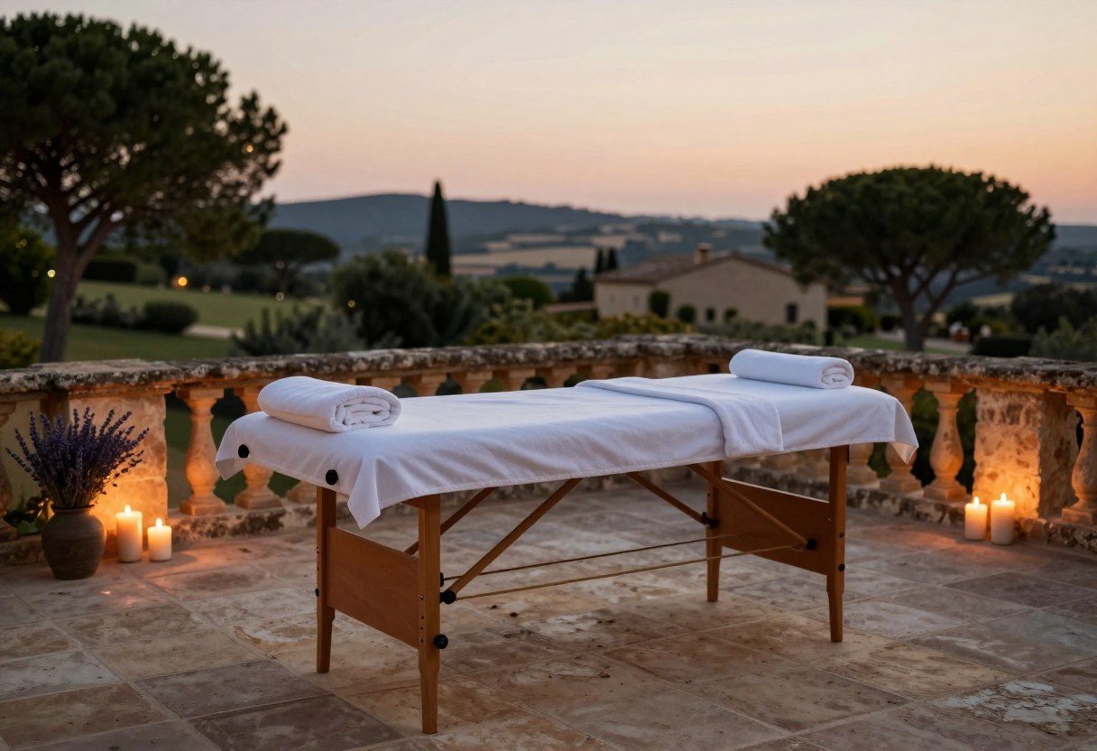 Table de massage installée sur une terrasse en pierre face aux collines du Var au crépuscule